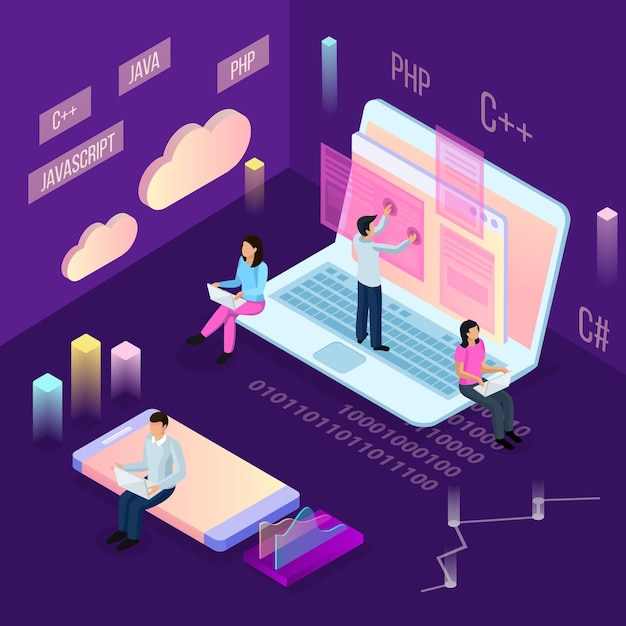 Freelance programming isometric composition with people and conceptual cloud computing icons with financial images and human characters