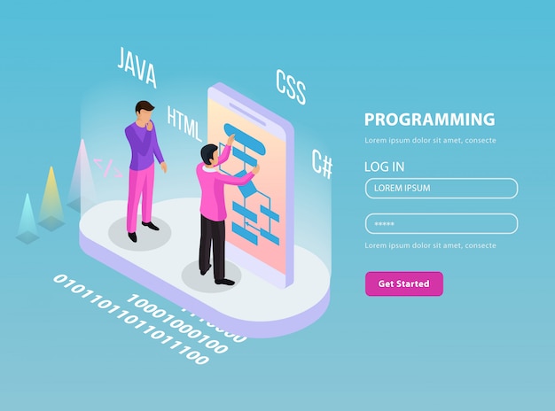 Freelance programming isometric composition with two programmers on work and log in password lines illustration