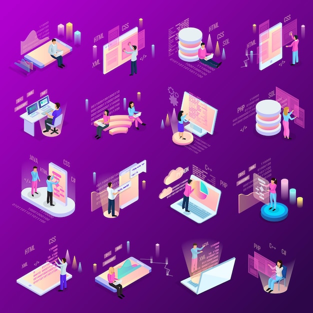 Free vector freelance programming isometric icons set of isolated human characters and modern interfaces with infographic icons