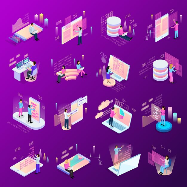 Freelance programming isometric icons set of isolated human characters and modern interfaces with infographic icons