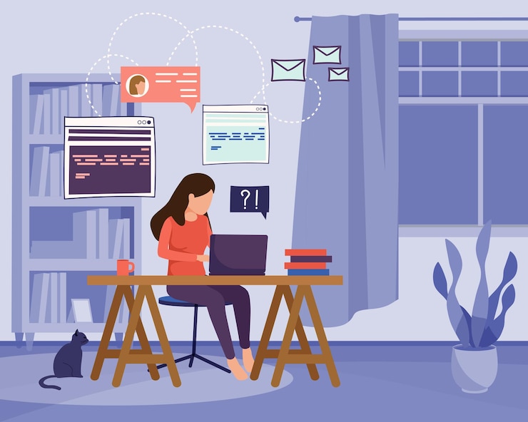 freelance-remote-workers-flat-composition-with-domestic-scenery-woman-working-home-with-laptop