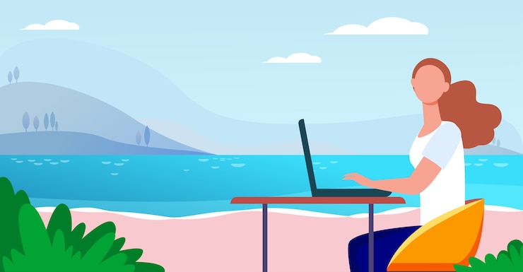 Free Vector freelance woman working by sea. girl using laptop at table outdoors flat vector illustration. outdoor workplace, freelancer