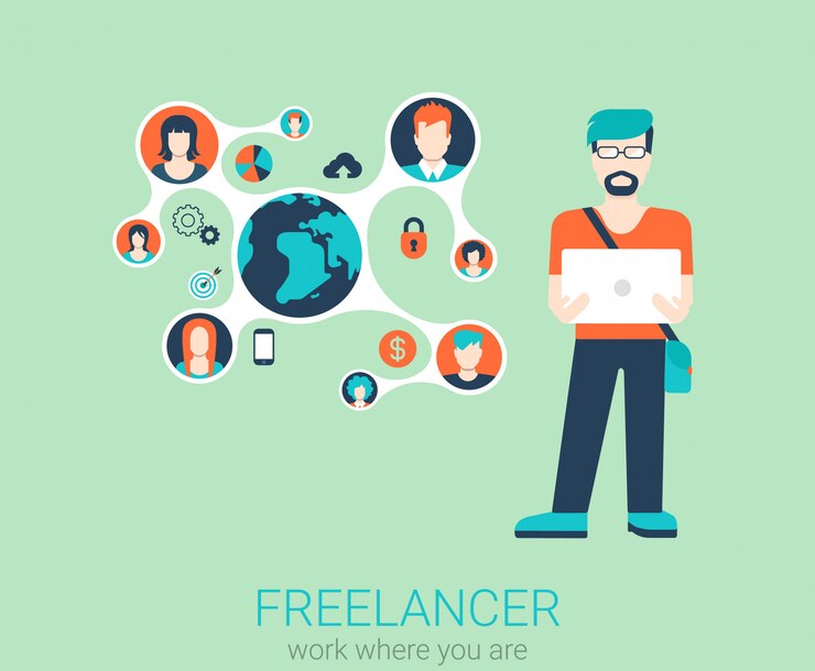 Free Vector freelance work flat web infographic concept  . young stylish freelancer man with laptop and connected content profiles. global telework conceptual   illustration.