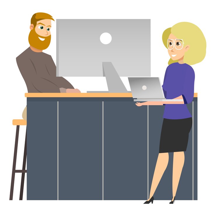 Free Vector freelancer by computer, woman standing with laptop