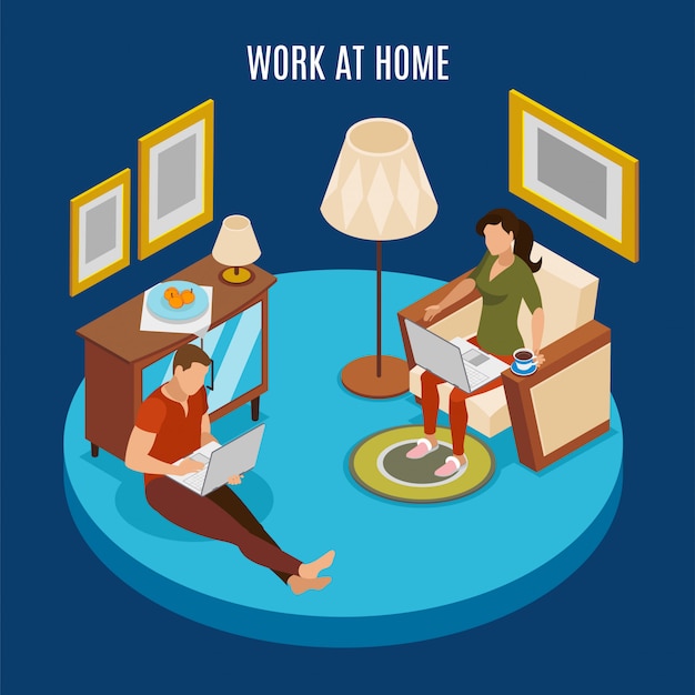 Freelancer day round isometric  composition with couple working at home sitting on floor with laptop 