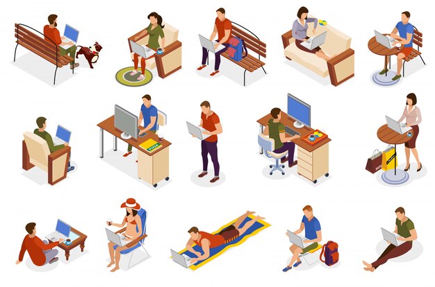 Freelancer typical day isometric icons collection with working home outdoor in park cafe on beach 