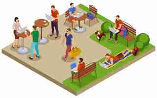 Free vector freelancer typical summer day isometric composition with outdoor workplace in city park lawn cafe table