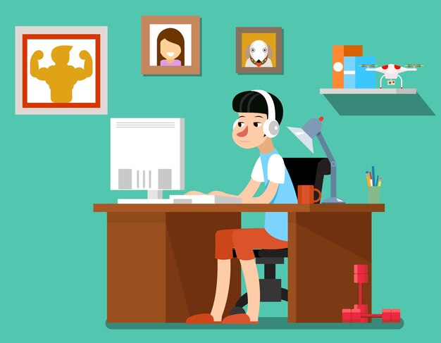 Freelancer at work, creative freelancer designer with computer, web technology, workplace employee. Freelancer vector illustration