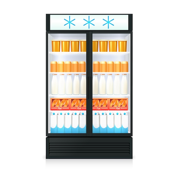 Free vector freezer realistic template with food drink bottles cartons and glass door