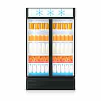 Free vector freezer realistic template with food drink bottles cartons and glass door