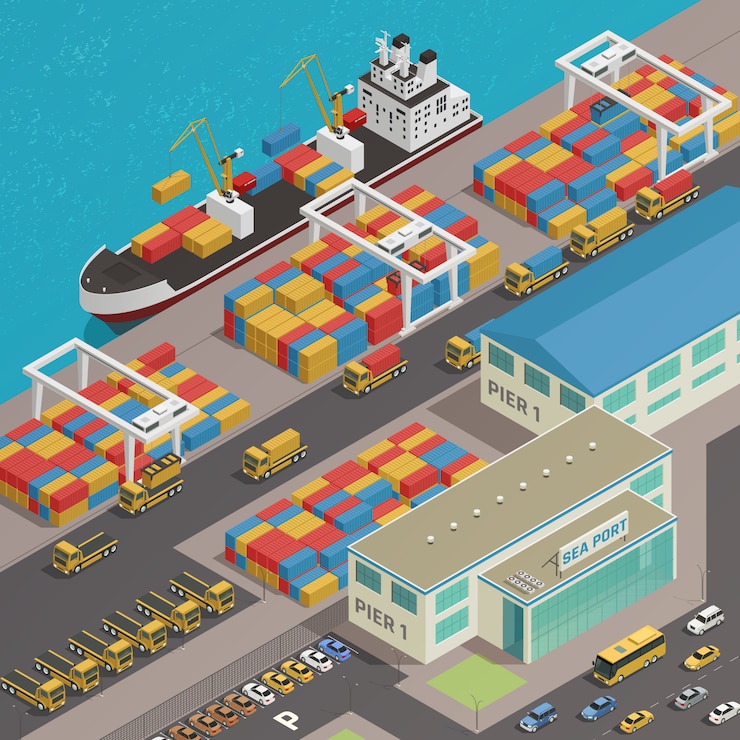 Free Vector freight barge moored at harbor 