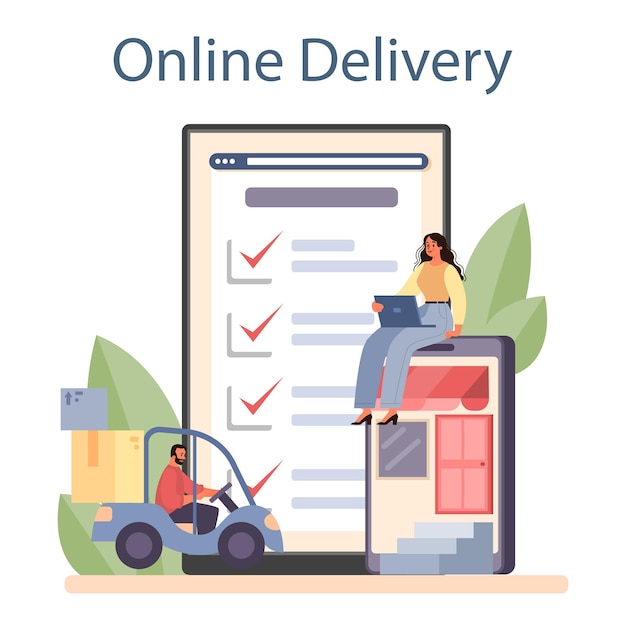 Freight forwarder online service or platform Loader in uniform delivering a cargo Transportation service Online delivery Isolated flat illustration vector