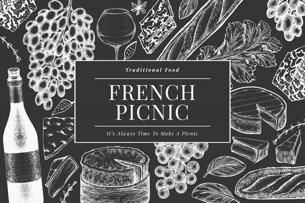 フランス料理のイラストデザインテンプレート 手描きのピクニックの食事のイラスト 刻まれたスタイルの異なるスナックとワイン ビンテージ食品の背景 プレミアムベクター