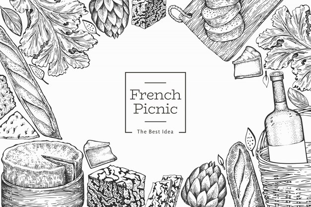 プレミアムベクター フランス料理イラストデザインテンプレートです 手描きの背景ピクニック食事イラスト 刻まれたスタイルの異なるスナックとワインのバナー ヴィンテージ食品の背景