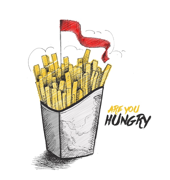 Vettore gratuito patatine fritte in scatola di carta per la decorazione murale monocromatica di fast food e ristorante