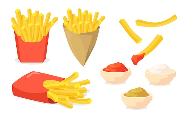 French fries set. potato sticks in paper cones, ketchup, mayo, mustard sauces isolated on white