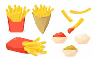 Free vector french fries set. potato sticks in paper cones, ketchup, mayo, mustard sauces isolated on white