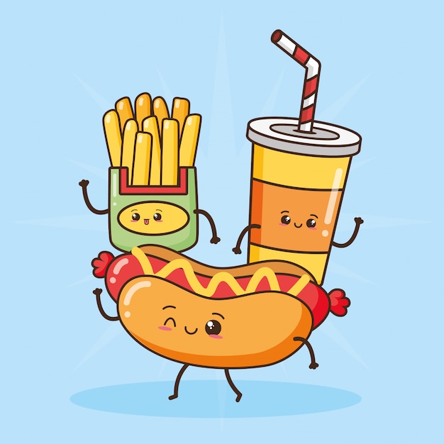 French fries, soda and hot dog, Kawaii fast food, illustration