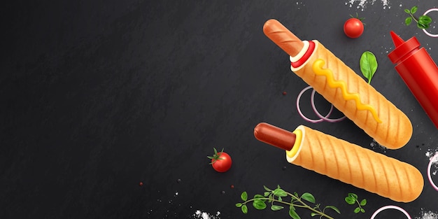 Реалистичная композиция французского хот-дога с набором изолированных изображений с ингредиентами поверх векторной иллюстрации доски