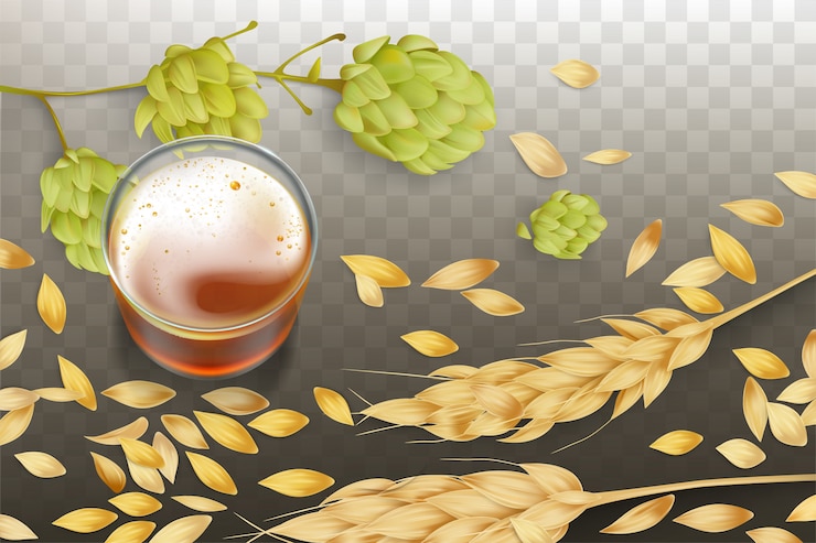 Free Vector fresh beer in glass beaker, barley or wheat ears and grains scattering around, hops flowering 