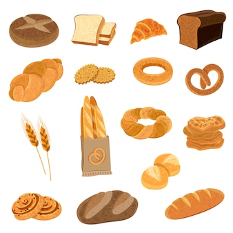 Set di icone piane di pane fresco