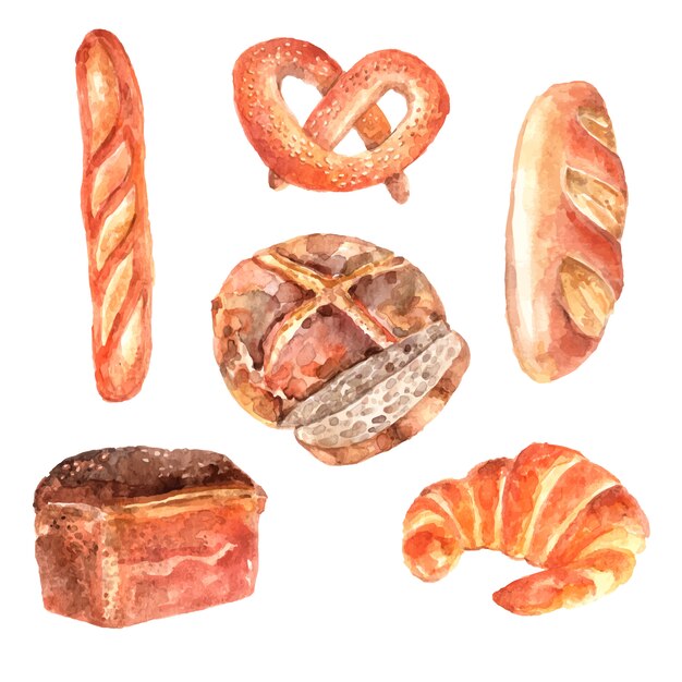 바게트의 신선한 빵 빵집 광고 수채화 무늬 컬렉션