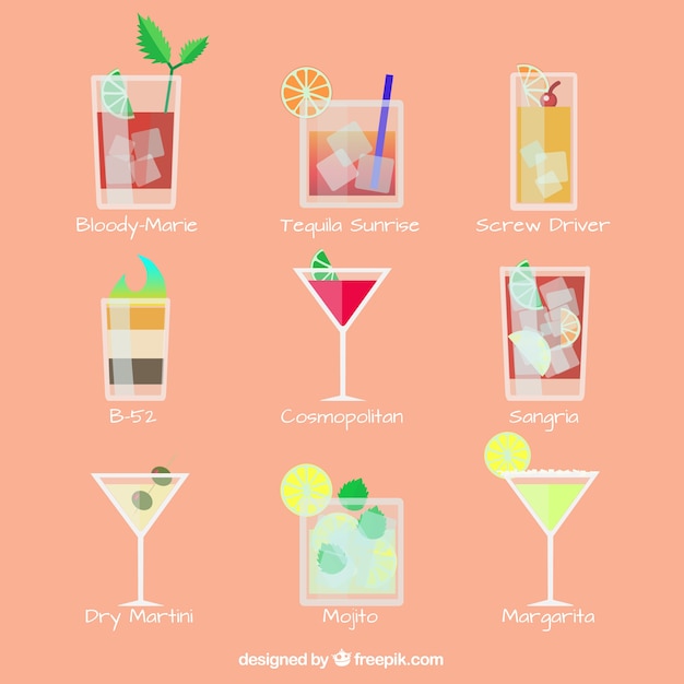 Fresh cocktails collection in flat style