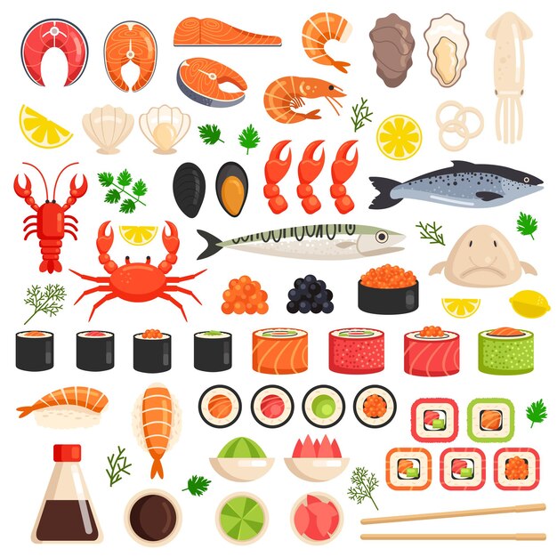 海の食べ物黒いアイコンセットロブスターサーモンエビとマグロの分離ベクトルイラスト 無料のベクター