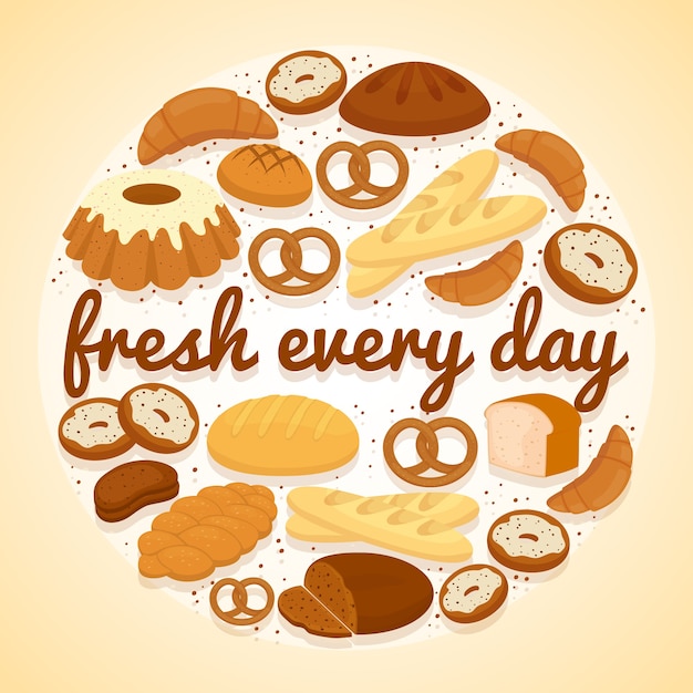 Этикетка для выпечки fresh every day с круглым рисунком: рогалики, пончики, буханки хлеба ассорти Бесплатные векторы