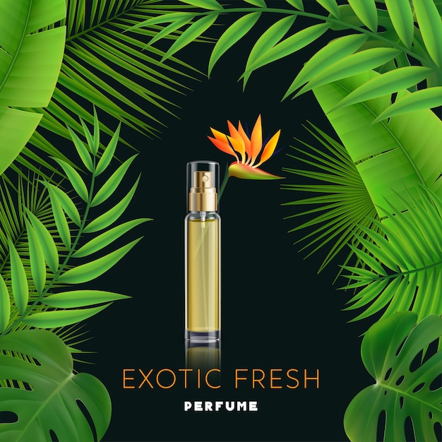 Fresh exotic perfume bottle on dark background with big green leaves realistic advertisement