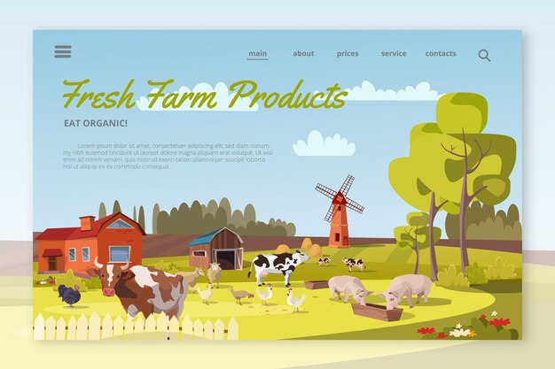 Fresh Farm Products landing page layout farm landscape with mill cattle poultry Cows pigs chicken turkeys graze rural scenery with barn trees flowers farming agricultural work