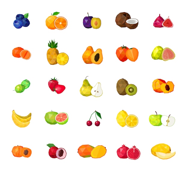 Набор свежих полигональных иконок свежие фрукты
