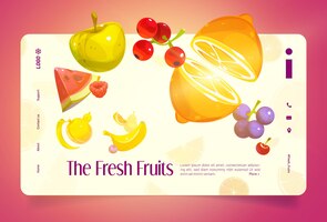 Fresh fruits cartoon landing page healthy food