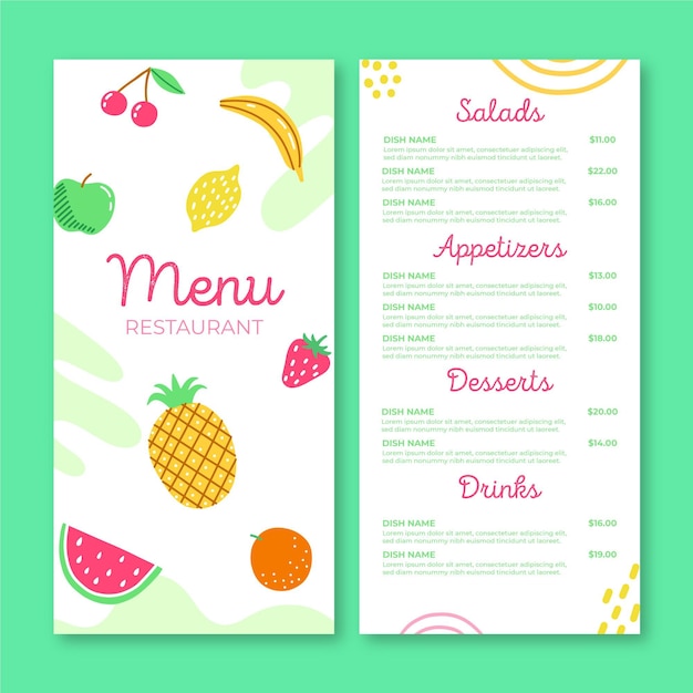 Vettore gratuito modello di menu del ristorante di frutta fresca
