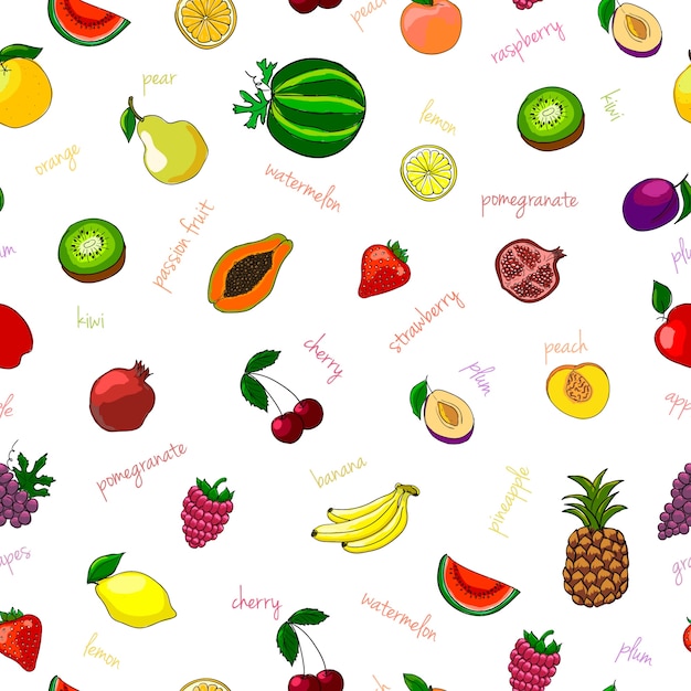 Vettore gratuito frutta fresca senza soluzione di pattern con kiwi di cocomero pera e granato illustrazione vettoriale