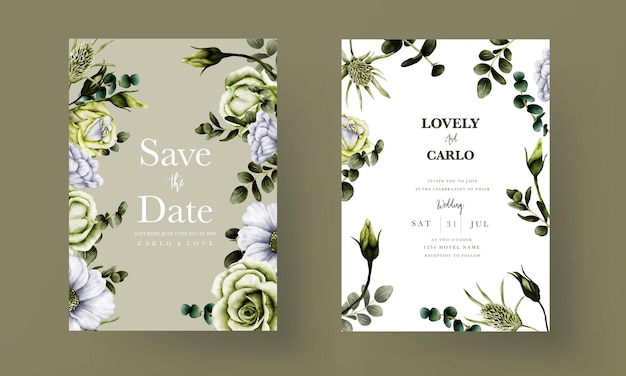 Free vector fresh greenery flower and white floral invitation card template