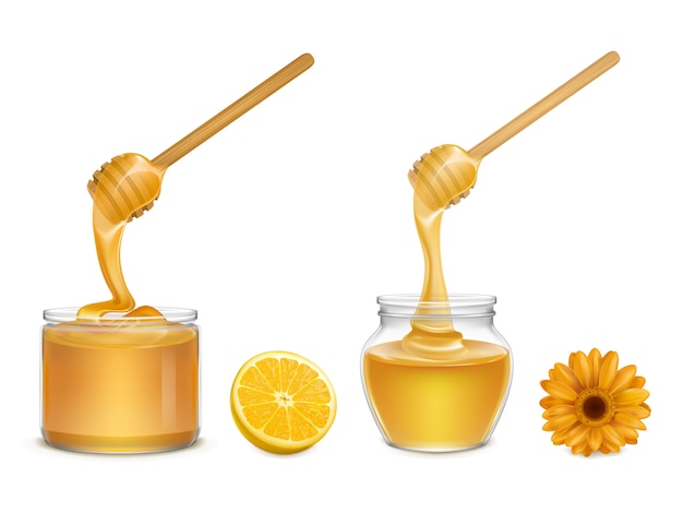 Fresh honey flowing and dripping from wooden dipper in various form glass jars, orange slice and flower