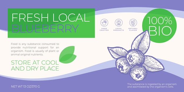 Fresh local fruits and berries label template. abstract vector packaging horizontal design layout. modern typography banner with hand drawn blueberry sketch silhouette background. isolated.