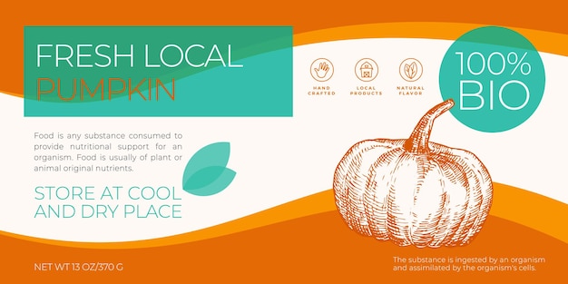 Fresh local vegetables label template. abstract vector packaging horizontal design layout. modern typography banner with hand drawn pumpkin sketch silhouette background. isolated.