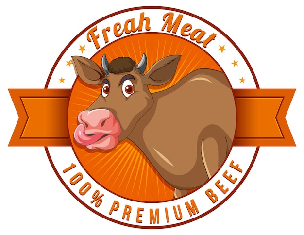 Vettore gratuito logo di manzo premium di carne fresca con cartone animato di mucca