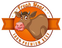 Logo di manzo premium di carne fresca con cartone animato di mucca
