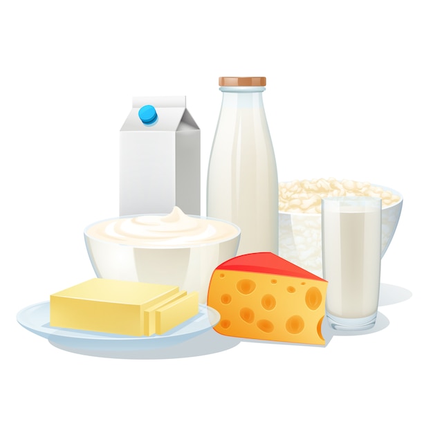 Free vector fresh organic milk products set with cheese and butter