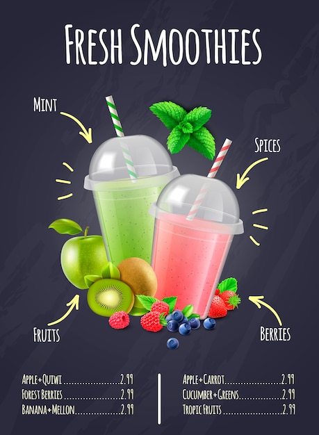 Бесплатное векторное изображение fresh smoothies реалистичная композиция