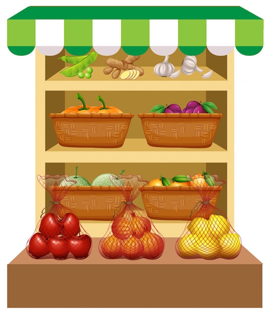 Fresh vegetables and fruits on shelves illustration