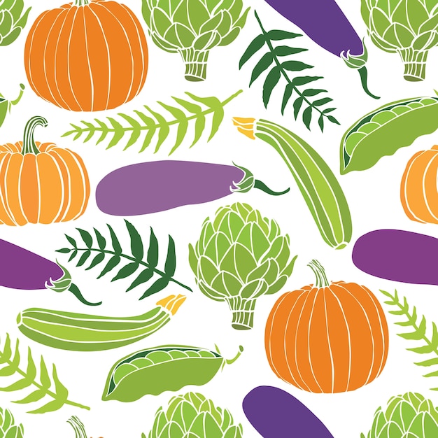 Бесплатное векторное изображение Свежие овощи бесшовного фона, тыквы, горох, артишоки