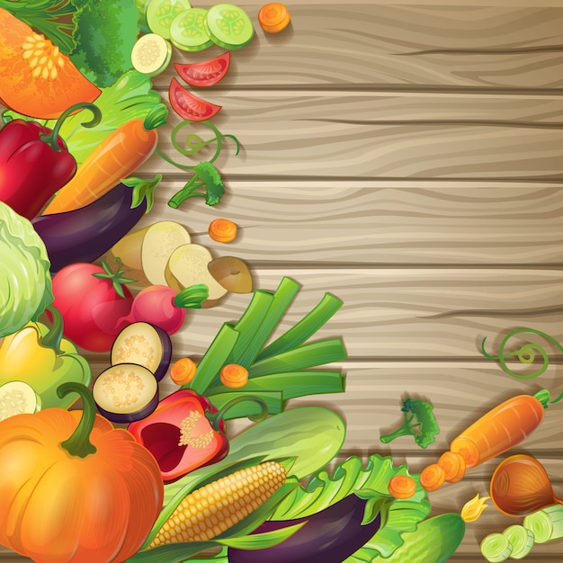 Fresh vegetables on wood conceptual composition with cartoon symbols of ripe organic food on brown wooden background