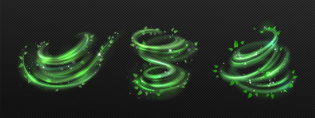 Free vector fresh wind swirls with green leaves and sparkles