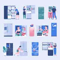 Free vector fridge and people color set of human characters using refrigerator at home for storing food isolated vector illustration