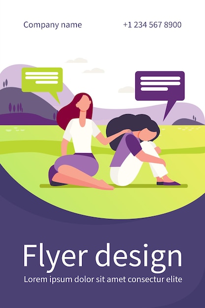 Friend talking and consoling sad woman. nature, speech bubble,\
support flat flyer template