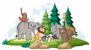 Free vector friendly animals gathering in the forest